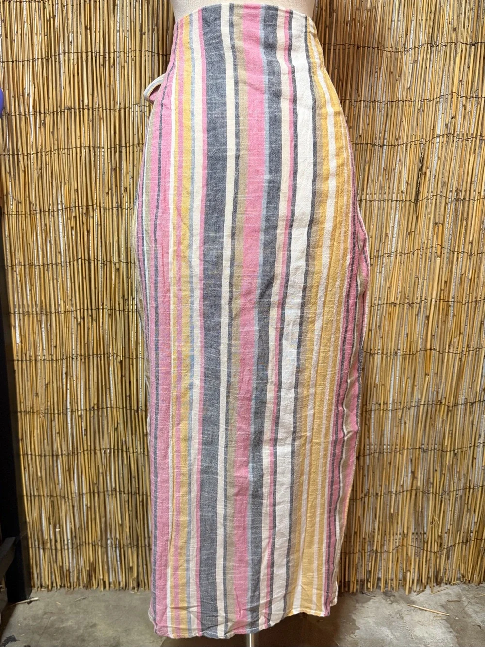Free People Striped Wrap Midi Skirt Pink Yellow Gray Cotton Size 10